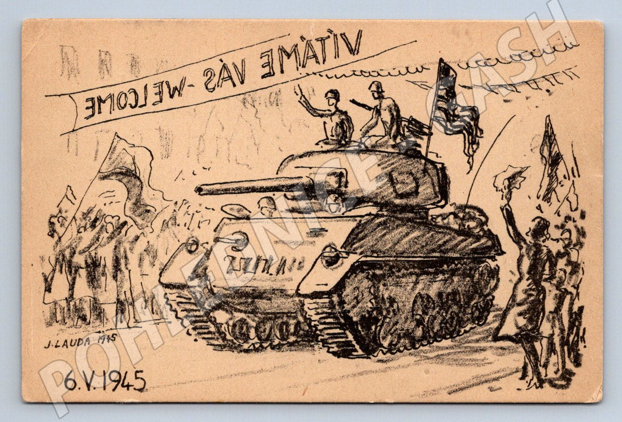 Pohlednice osvobození 1945 tank v ulicích vítání osvoboditelů (ST3283)