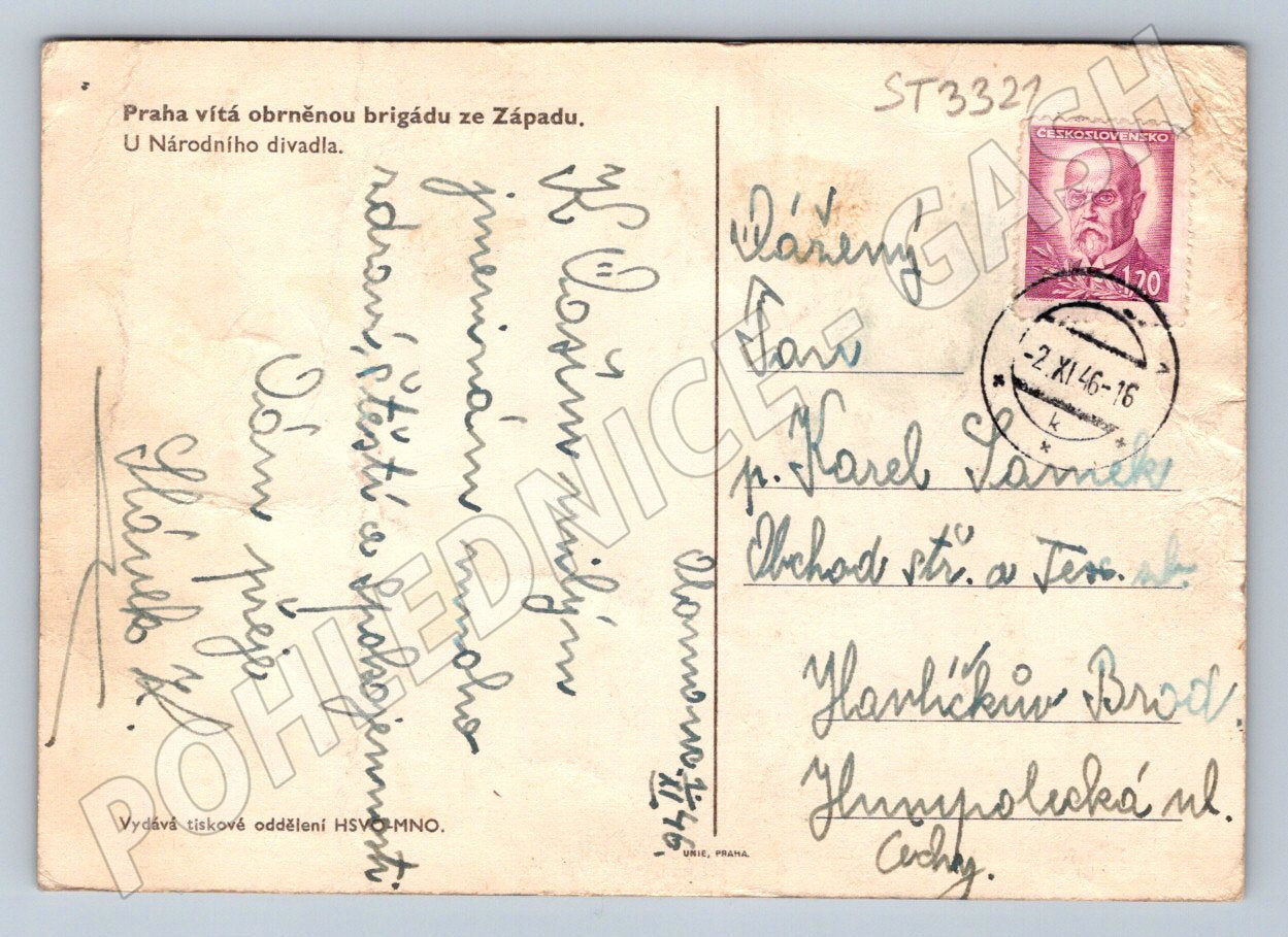Postcard Prague 1946 welcoming the armored brigade military column (ST3321)