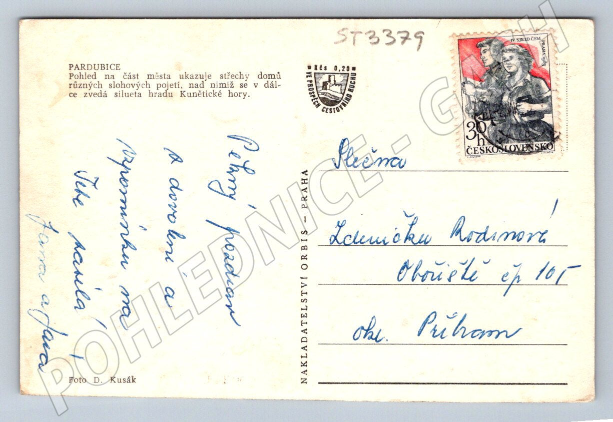 Postcard Pardubice with the town hall and Kunětice Mountain, Czech Republic until 1950 (ST3379)