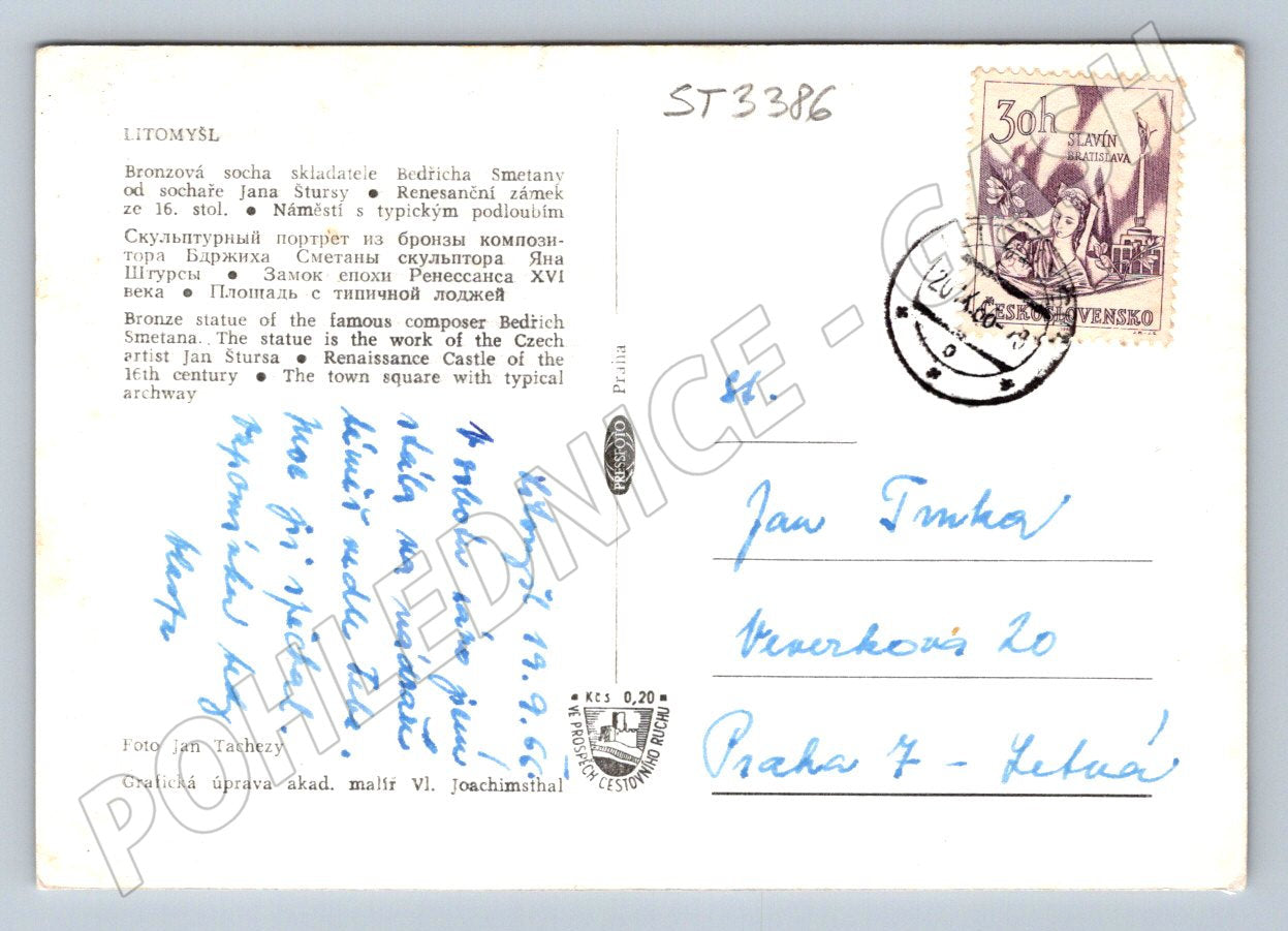 Pohlednice smetanova litomyšl socha bedřicha smetany a zámek (ST3386)