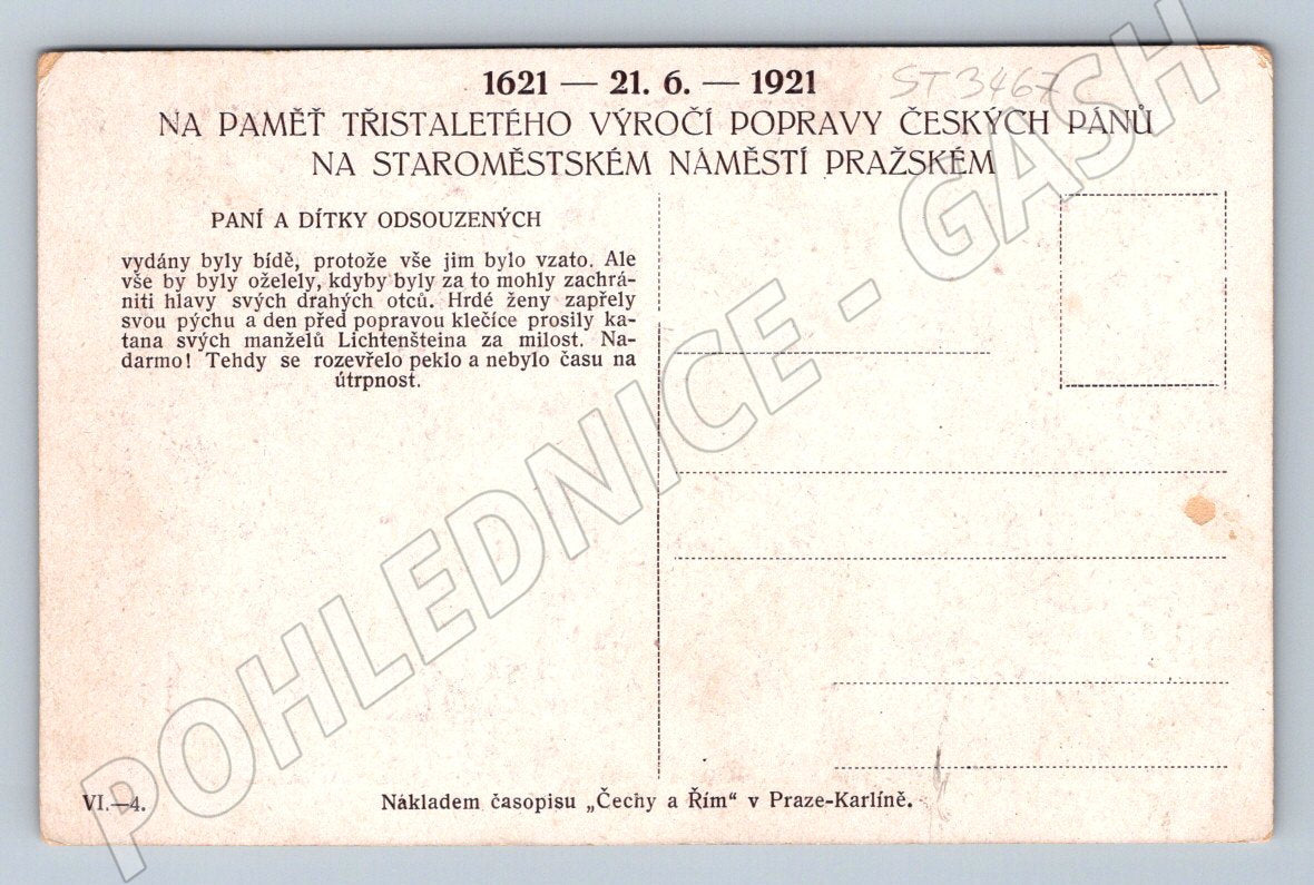 Postcard 1921 300 years since the execution of the Czech lords of the Old Town (ST3467)