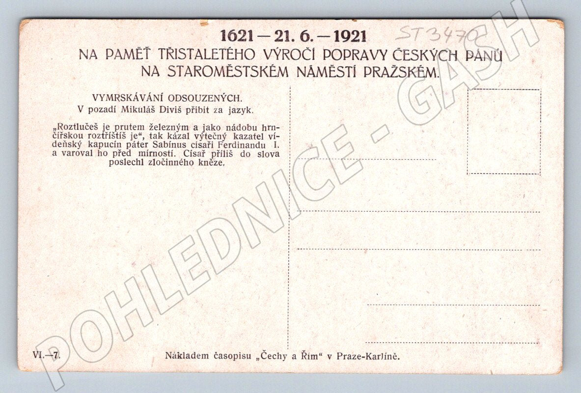 Postcard 1621 1921 execution of the Czech lords of the Old Town (ST3470)