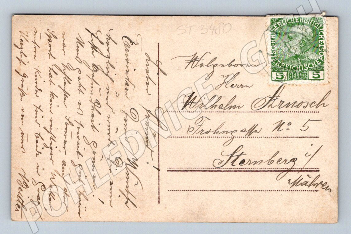 New Year's postcard, piggy and girl - colored (ST3480)