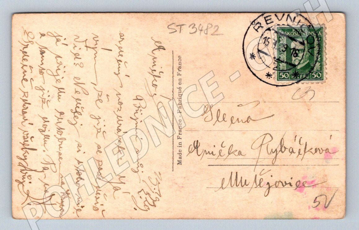 Postcard girl in folk costume with instrument – colored (ST3482)