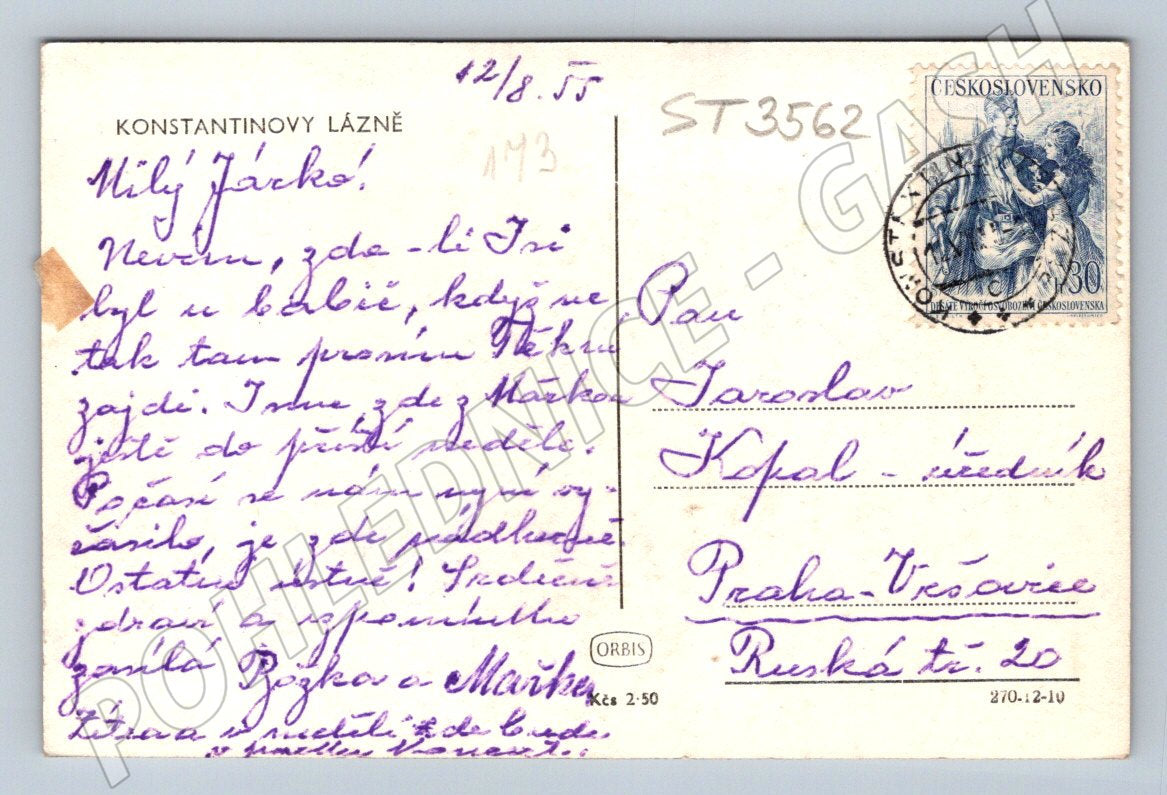 Pohlednice konstantinovy lázně hist 1955 poštou (ST3562)