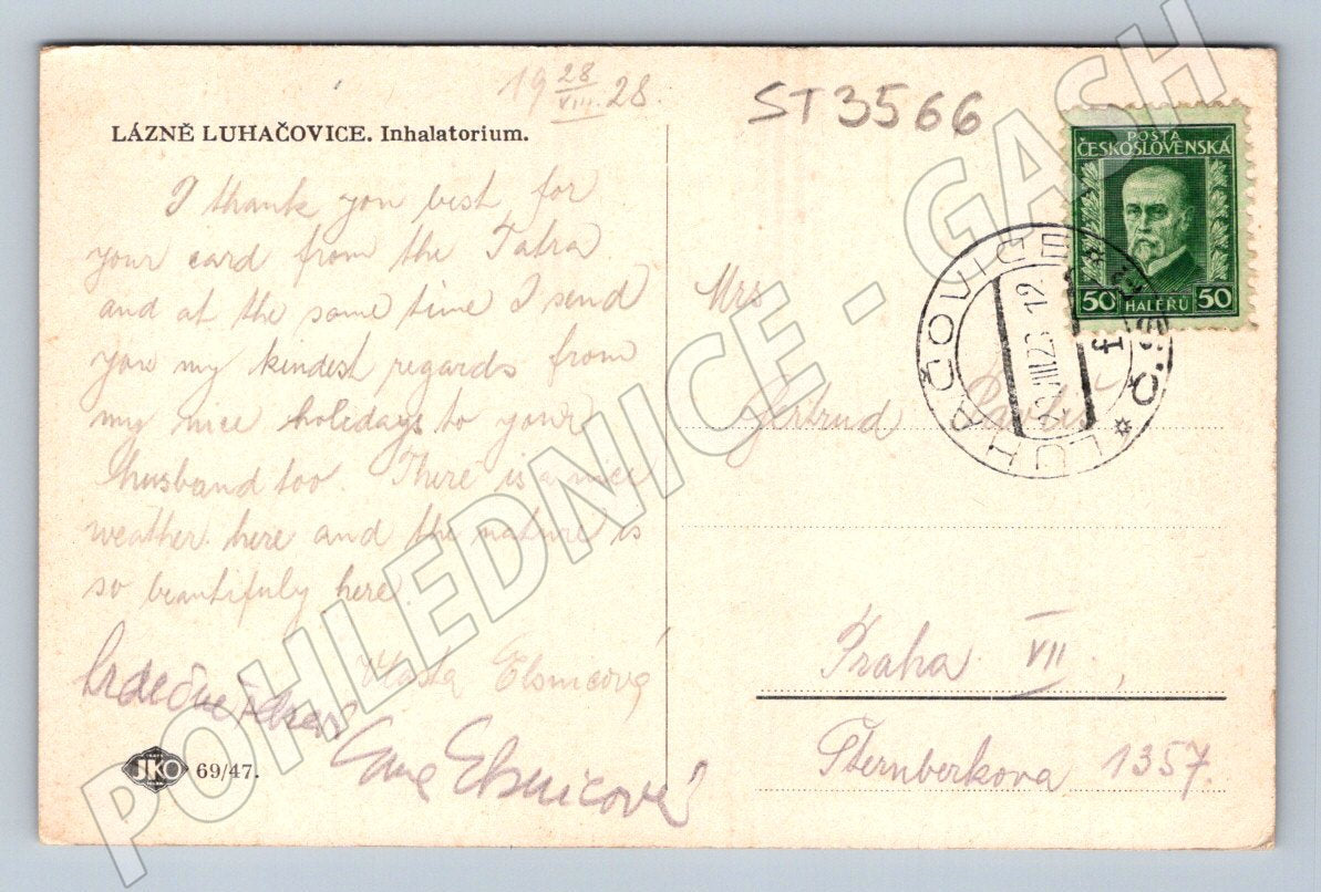 Postcard Luhačovice Spa Inhalatorium 1928 mf (ST3566)