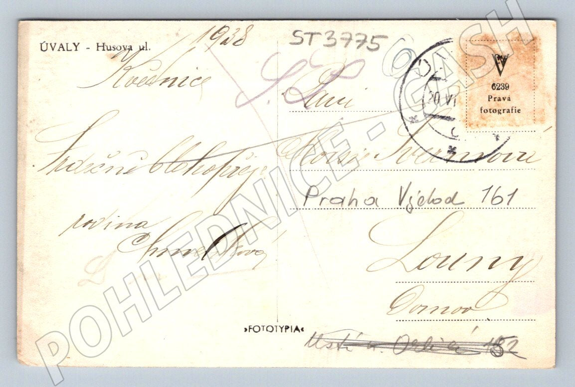 Postcard Úvaly Husova Street 1938 (ST3775)