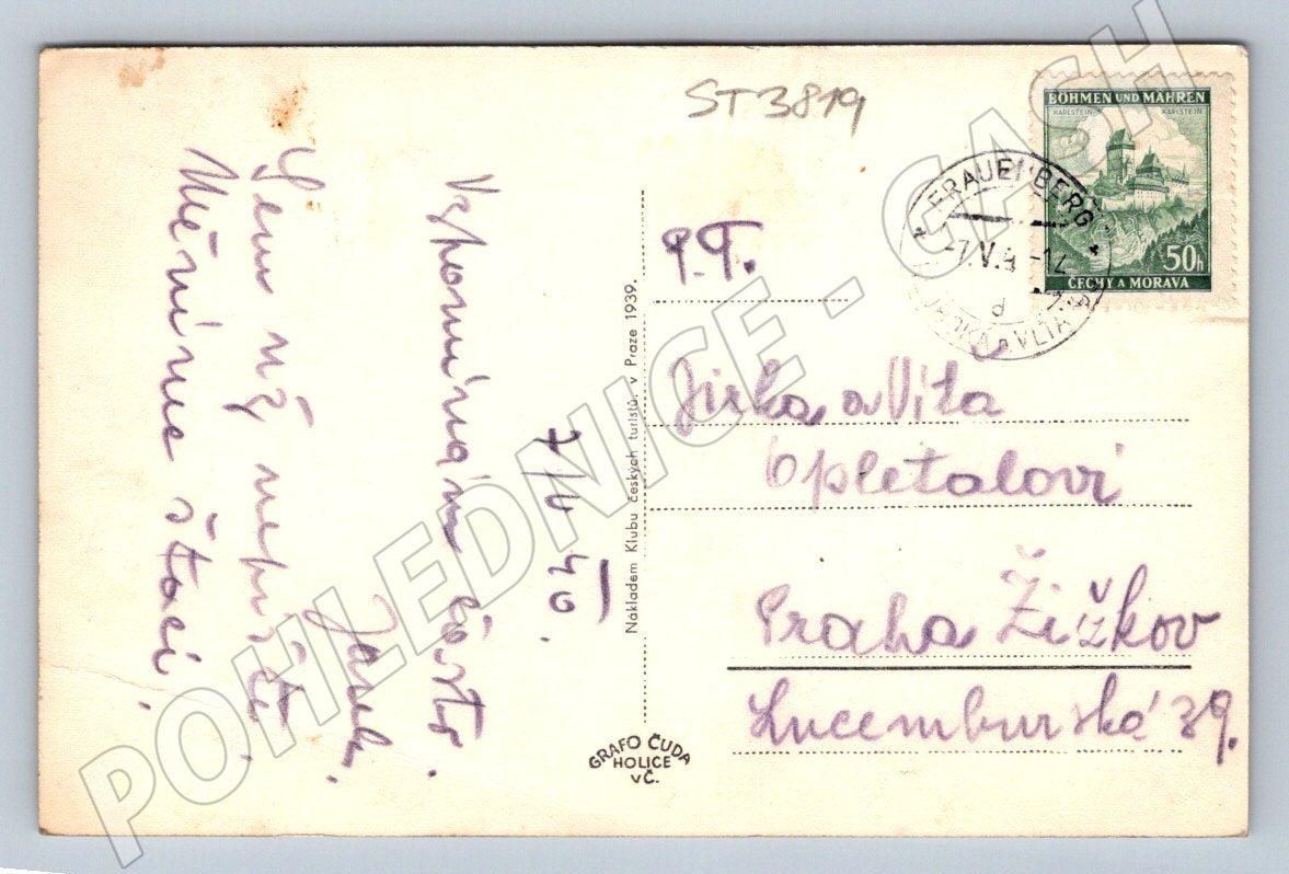 Postcard Hluboká nad Vltavou airmail 1939 (ST3819)