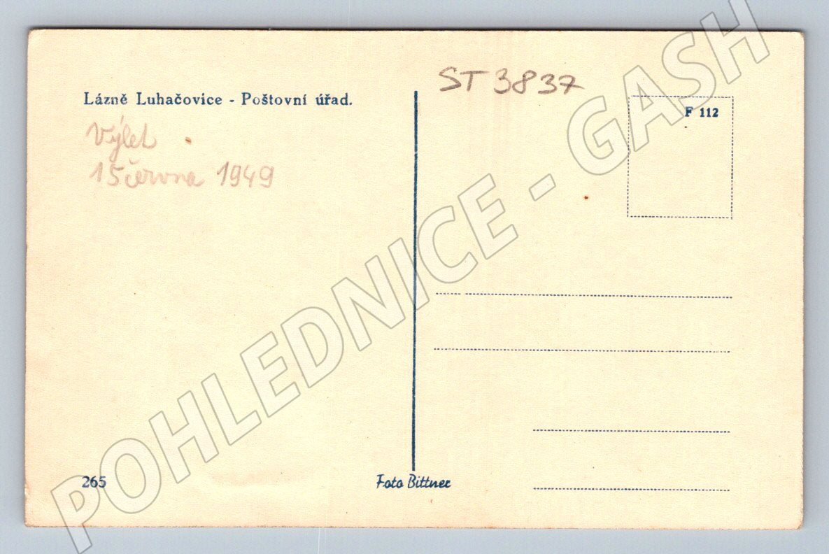 Postcard Luhačovice post office 1949 (ST3837)