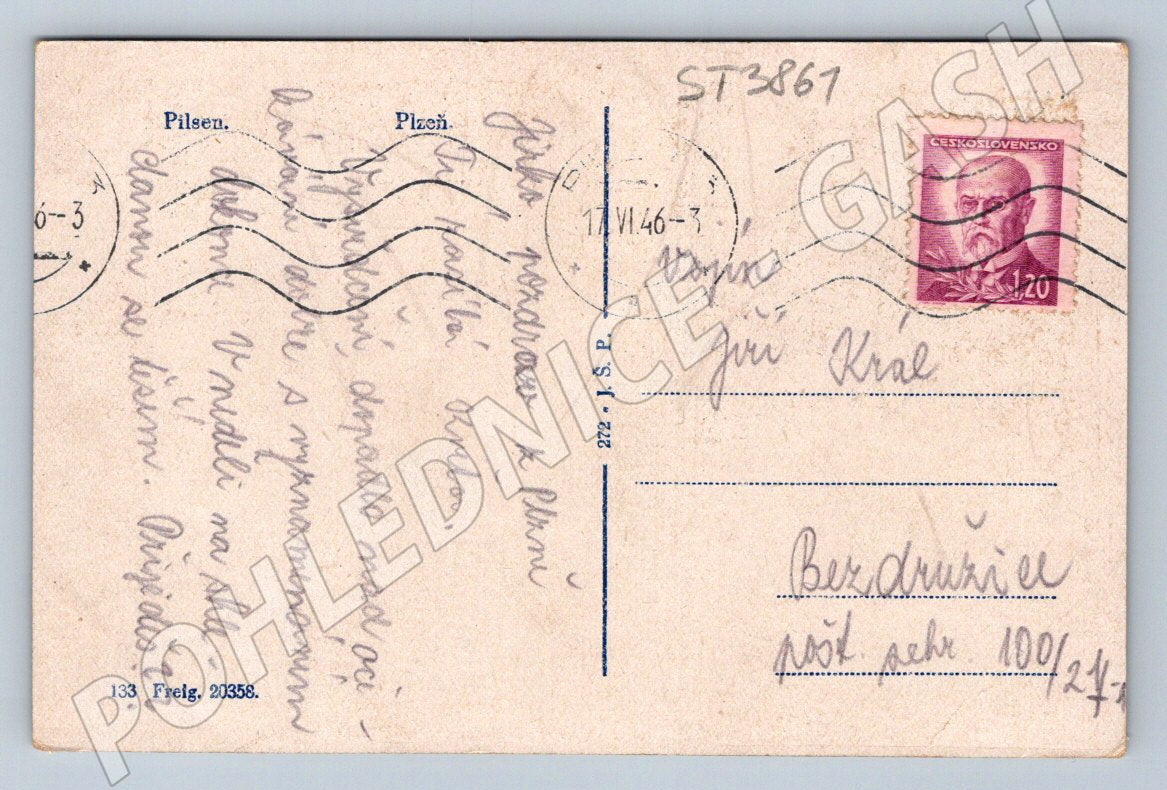 Postcard Pilsen clock tower 1946 (ST3861)