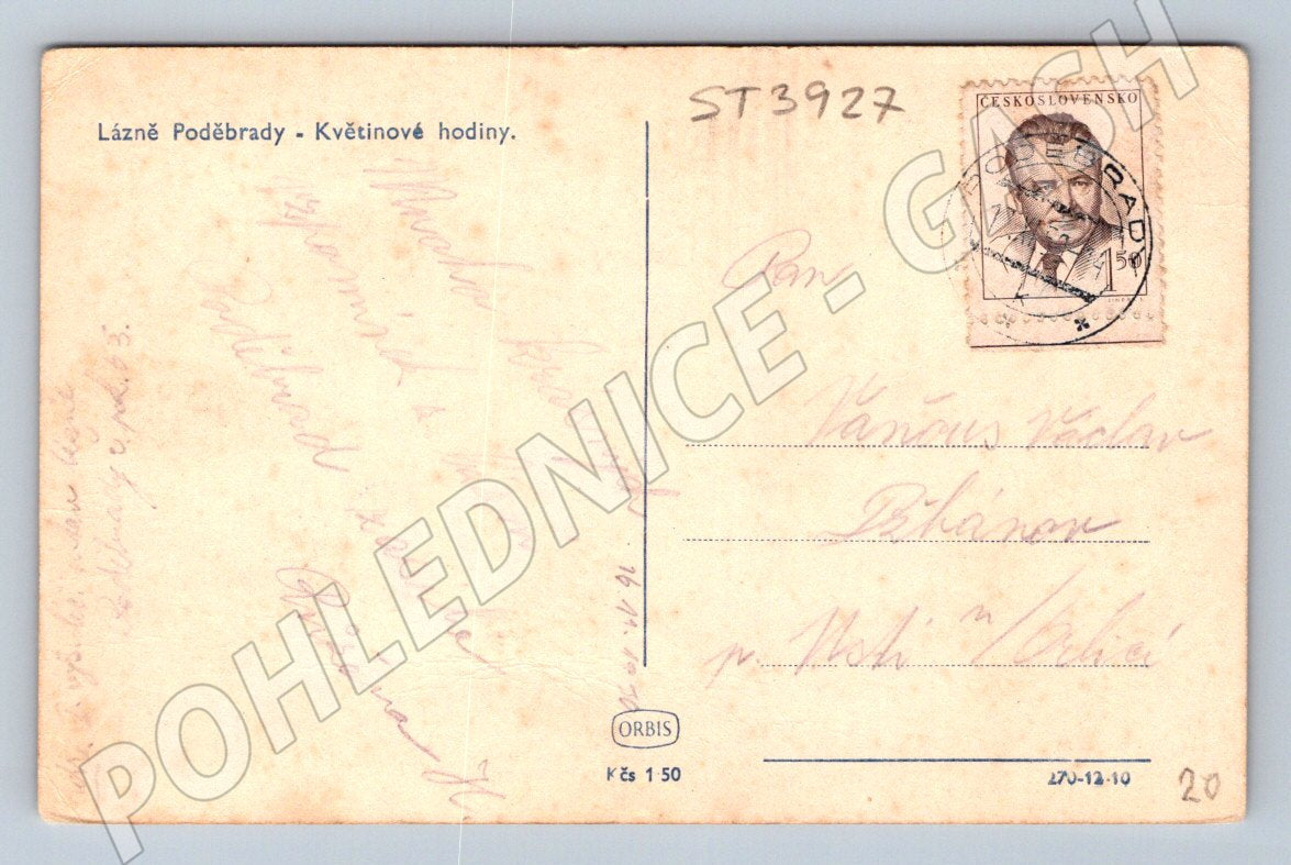 Postcard Poděbrady flower clock Czechoslovakia (ST3927)