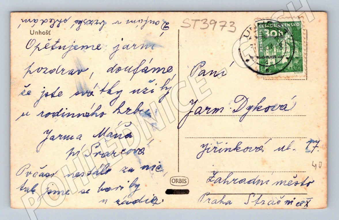 Postcard Unhošť square with church stamp (ST3973)