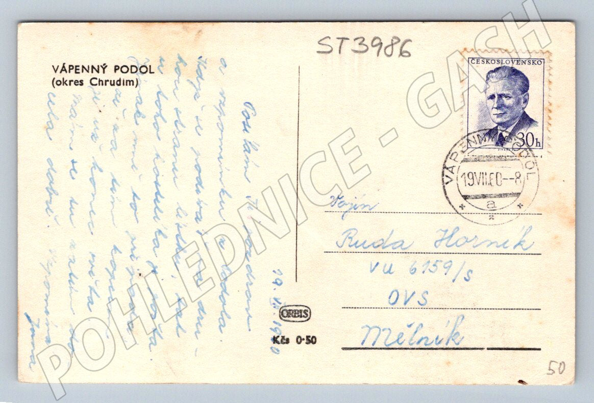 Pohlednice Vápenný Podol okres Chrudim 1950 (ST3986)