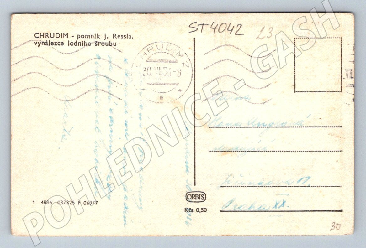 Postcard Chrudim monument to J Ressl 1955 (ST4042)