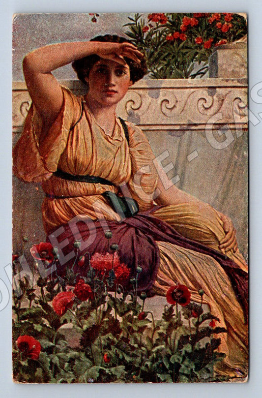 Pohlednice žena mezi květinami tisk (ST4284)
