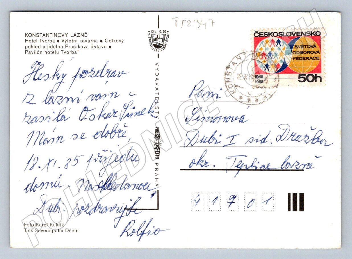 Pohlednice Konstantinovy Lázně Hotel Tvorba 1985 (TP2347)