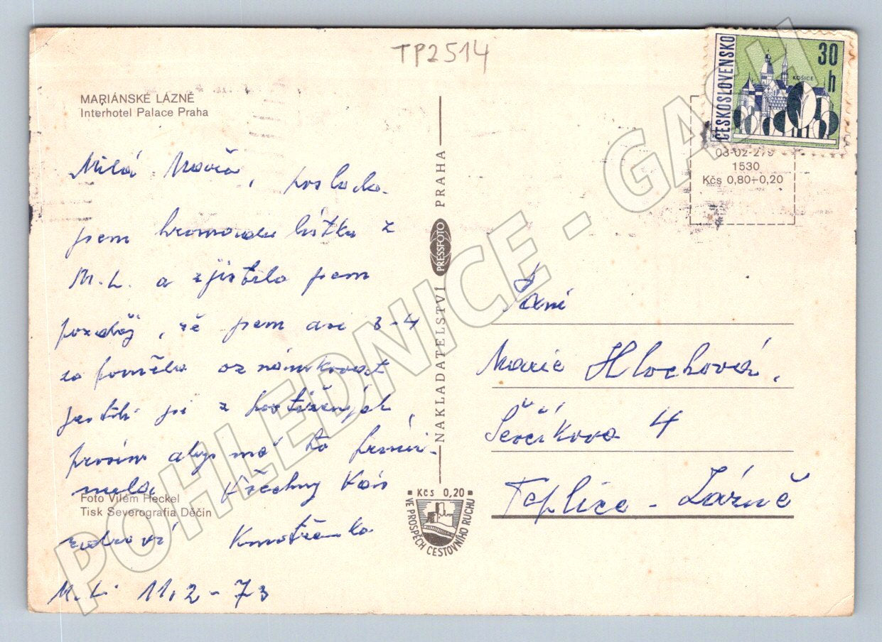 Pohlednice Mariánské Lázně Interhotel Praha 1973 (TP2514)
