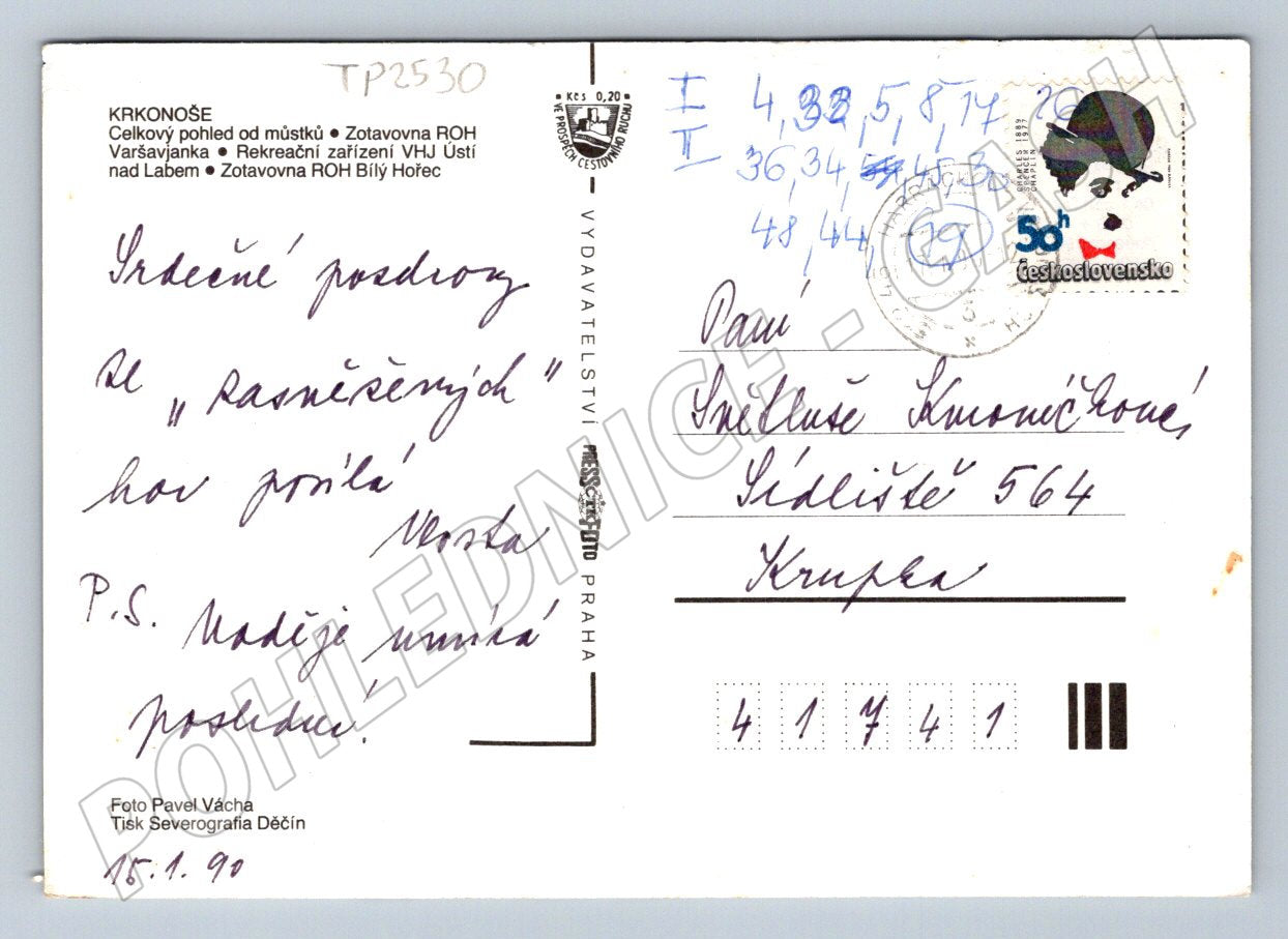 Pohlednice Harrachov Krkonoše zimní motiv 1990 (TP2530)