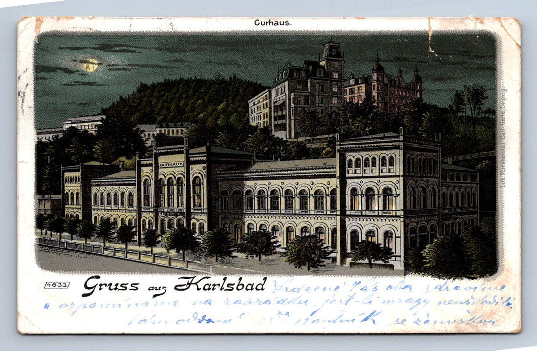 Stará litografická pohlednice Gruss aus Karlsbad – klasický rakousko-uherský pozdrav z lázní z konce 19. století