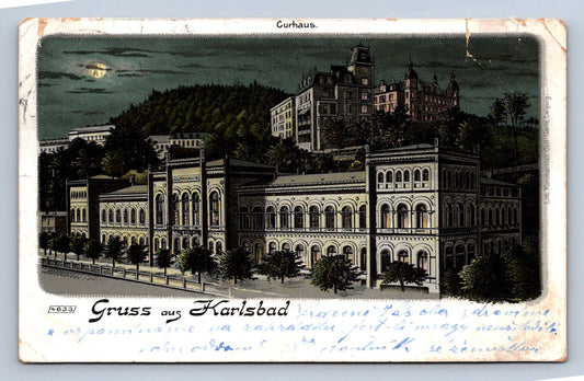 Stará litografická pohlednice Gruss aus Karlsbad – klasický rakousko-uherský pozdrav z lázní z konce 19. století