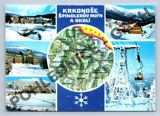Pohlednice Krkonoše — Špindlerův Mlýn s mapou okolí, kartografický motiv