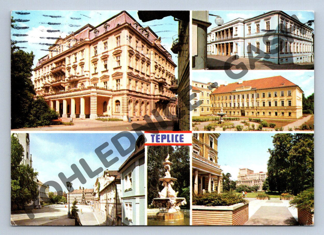 Pohlednice Teplice z roku 1990 — typická kolláž porevolučního času