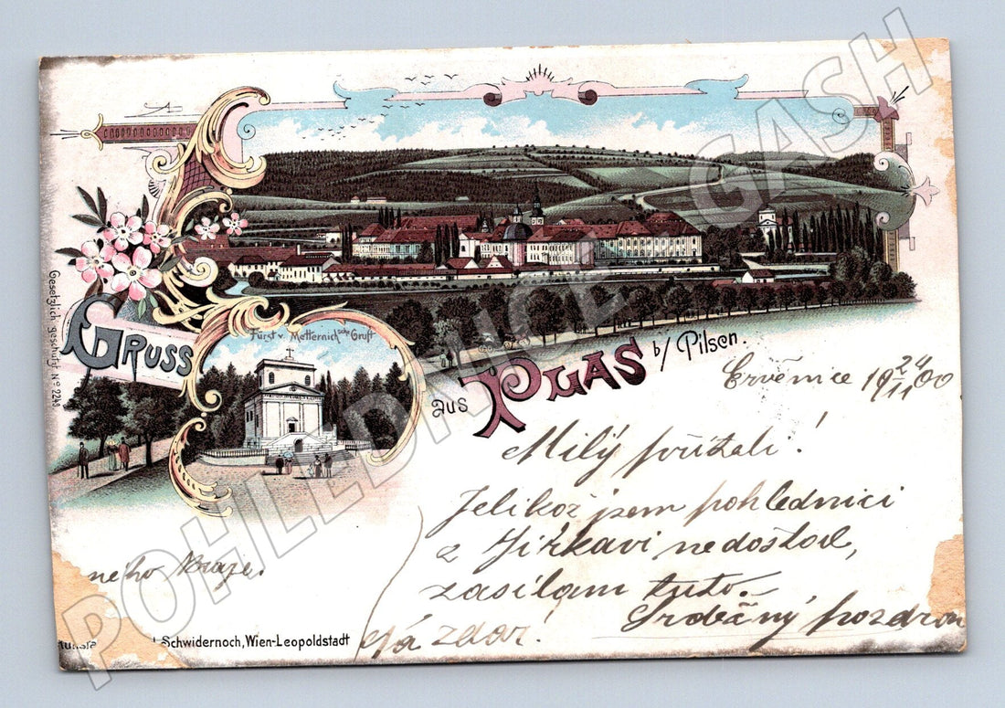 Stará litografická pohlednice zámek Plasy u Plzně z období kolem roku 1900