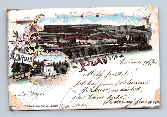 Stará litografická pohlednice zámek Plasy u Plzně z období kolem roku 1900