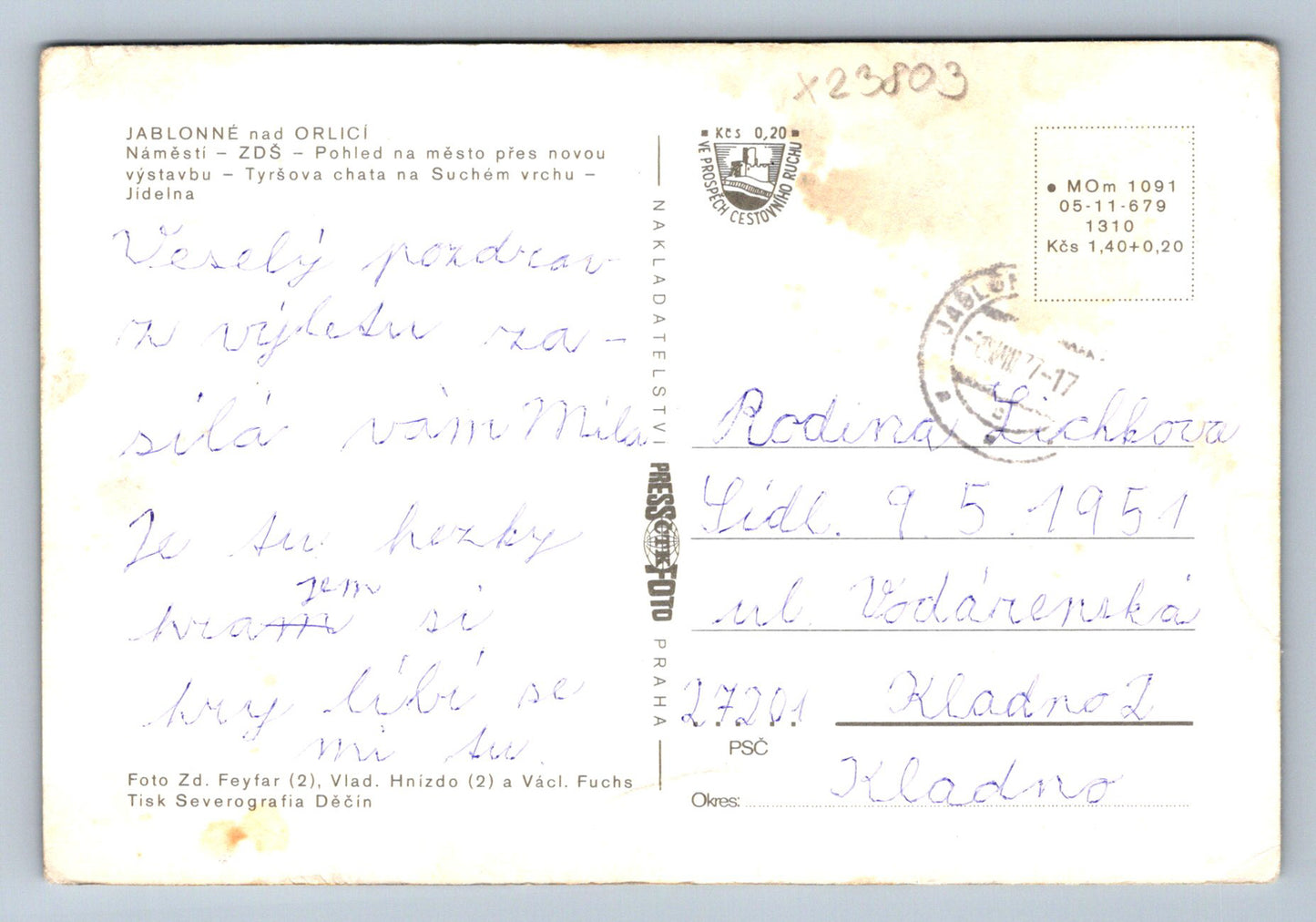 Postcard JABLONNÉ NAD ORLICÍ (X23803)