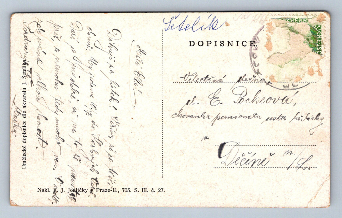 Pohlednice Umělecké dopisnice dle akvarelu J. Šetelíka (JN1868)
