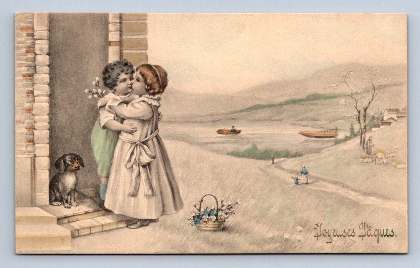 Pohlednice Líbající se děti Joyeuses Paques (JN1883)
