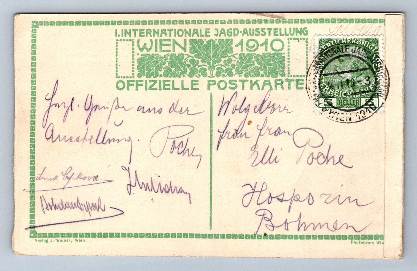 Pohlednice Erste Internationale Jagd Ausstellung Wien 1910 (JN1920)