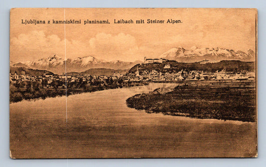 Pohlednice Ljubljana z kamniskimi olaninami. Laibach mit Steiner Alpen