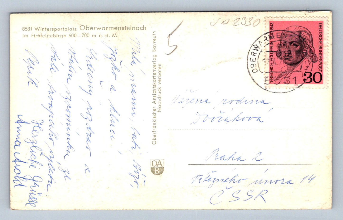 Pohlednice Oberwarmensteinach im Fichtelgebirge (JN2330)