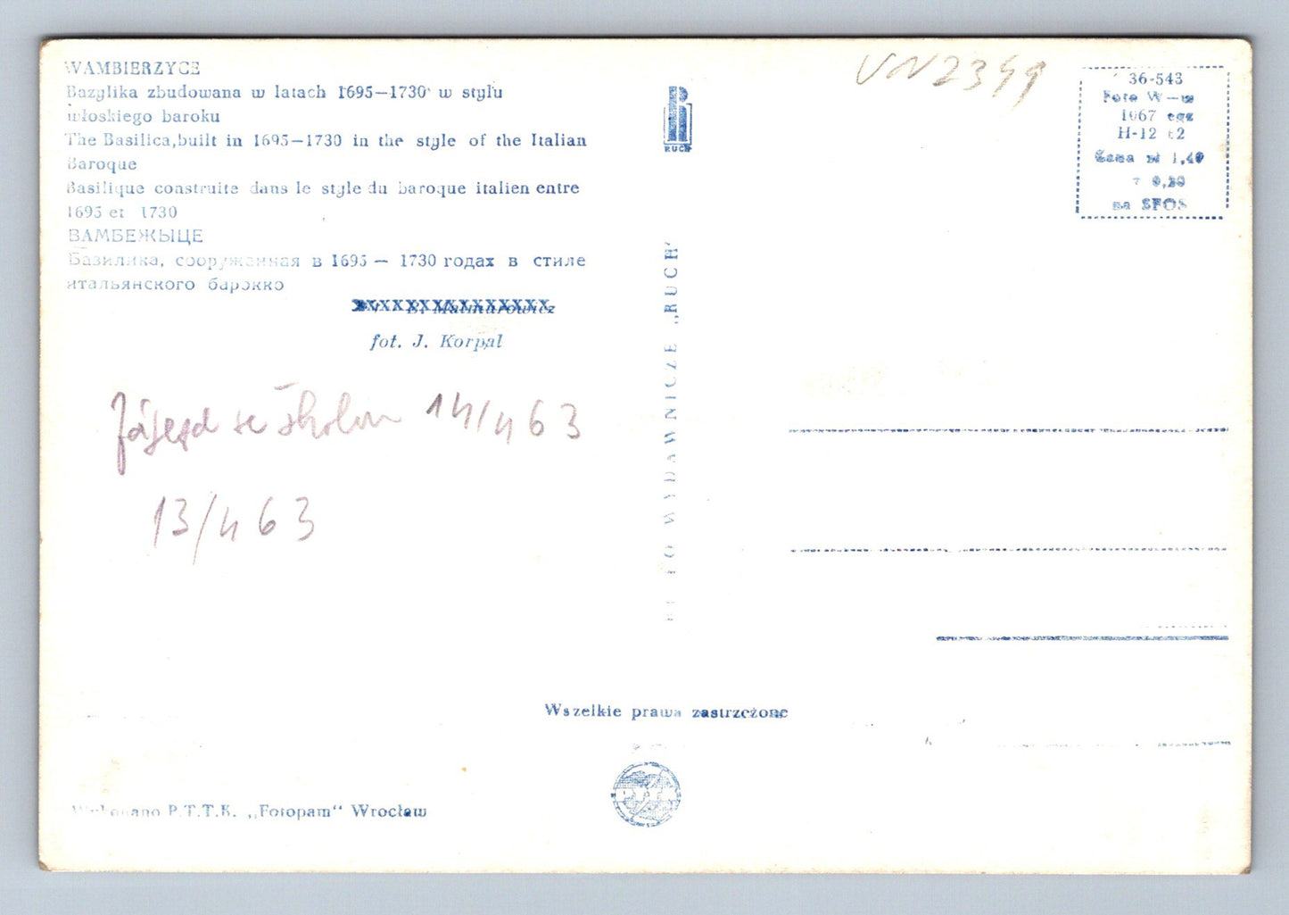 Pohlednice Wambierzyce Bazylika (JN2349)