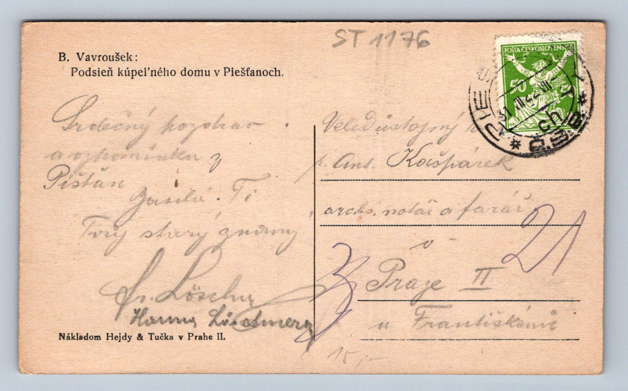 Pohlednice B. VAVROUŠEK - PODSIEŇ KÚPEĽNÉHO DOMU V PIĚŠŤANOCH (ST1176)