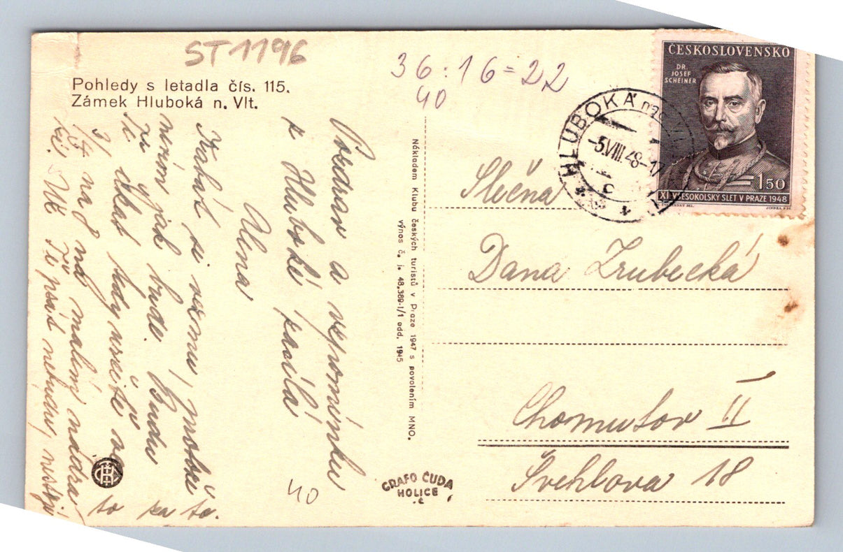 Pohlednice POHLED S LETADLA Č 115 - ZÁMEK HLUBOKÁ NAD VLTAVOU (ST1196)