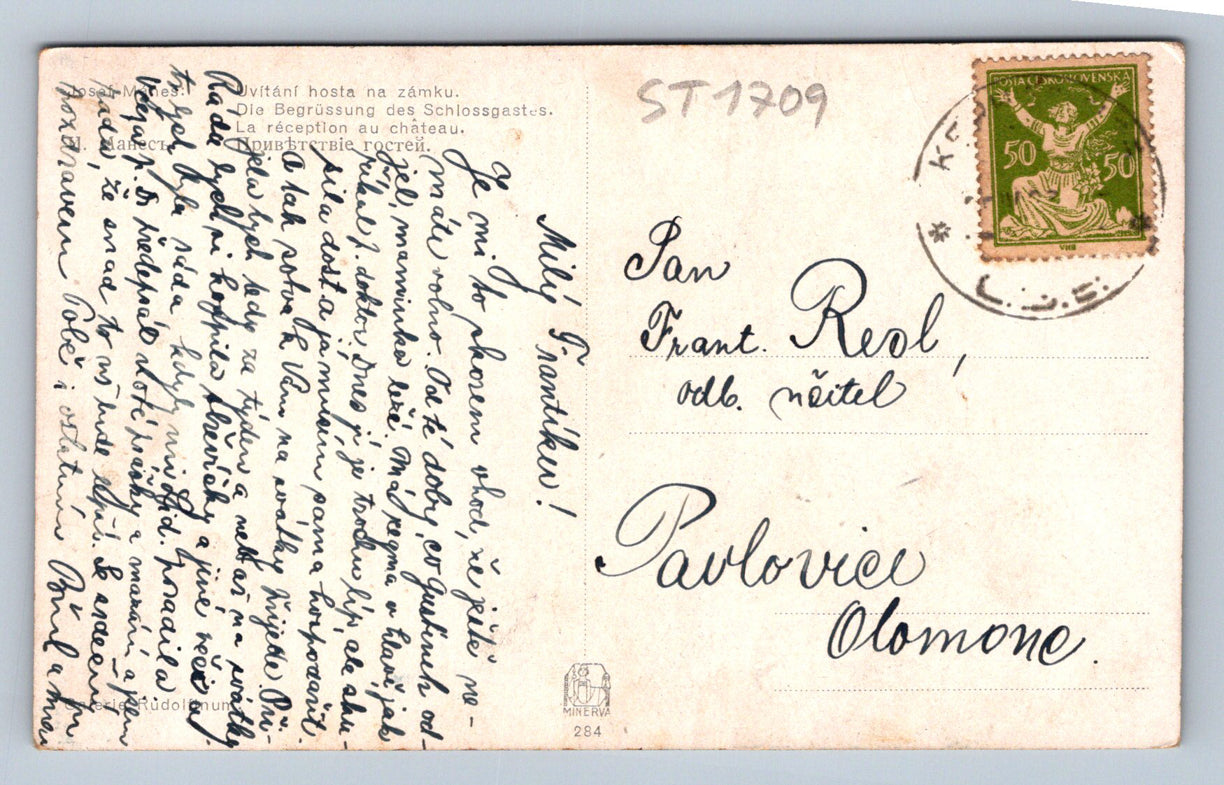 Pohlednice JOSEF MÁNES - UVÍTÁNÍ HOSTA NA ZÁMKU (ST1709)