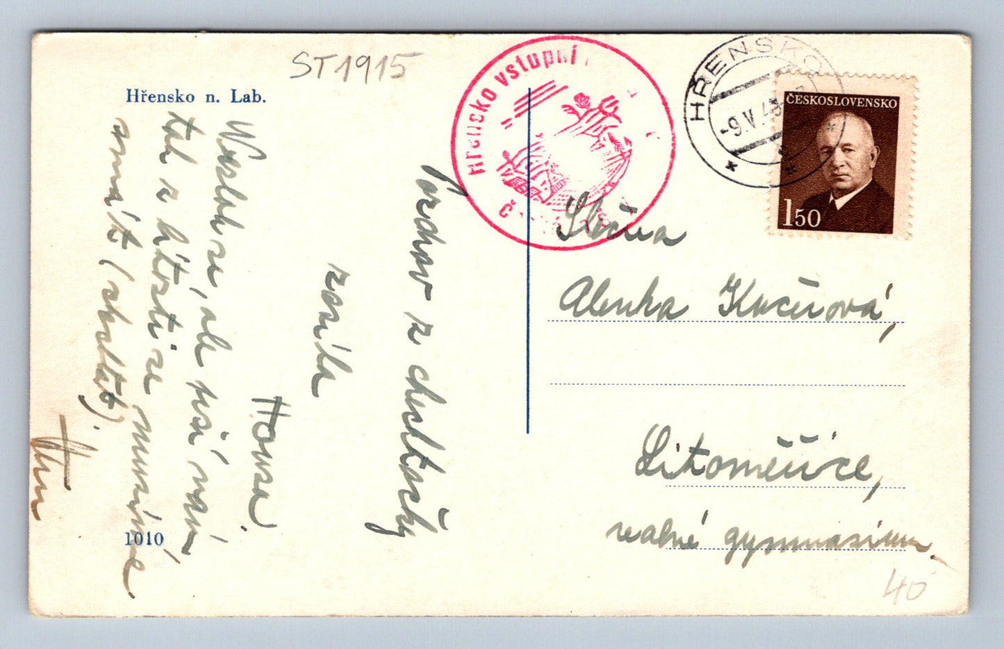 Pohlednice HŘENSKO NAD LABEM (ST1915)