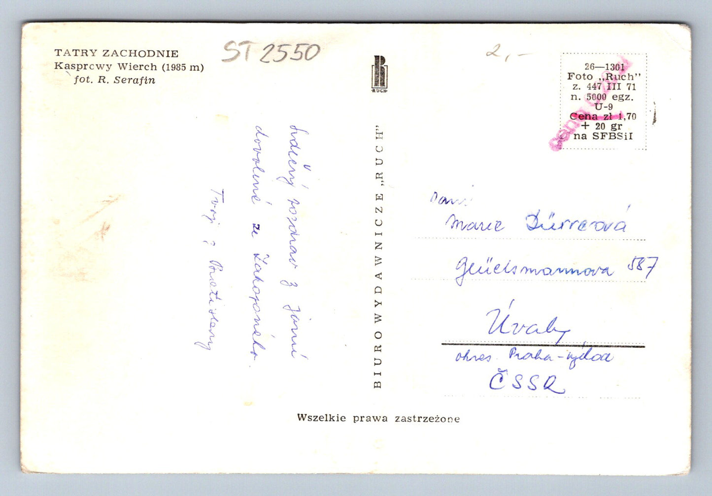 Pohlednice TATRY ZACHODNIE - KASPRCWY WIERCH 1985 M (ST2550)
