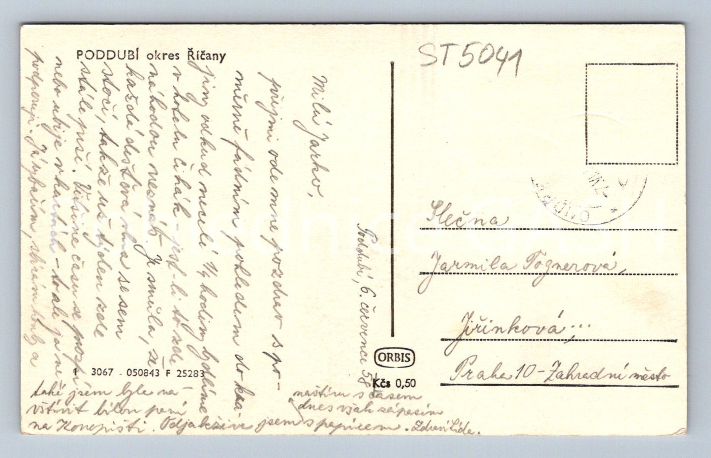 Postcard PODDUBÍ DISTRICT ŘÍČANY (ST5041)