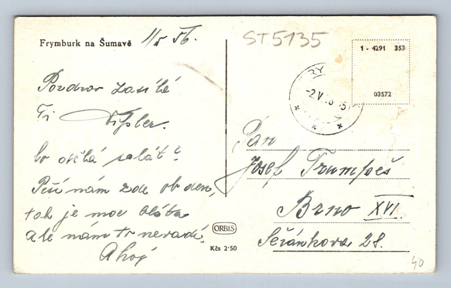 Postcard FRYMBURK IN ŠUMAVÁ (ST5135)