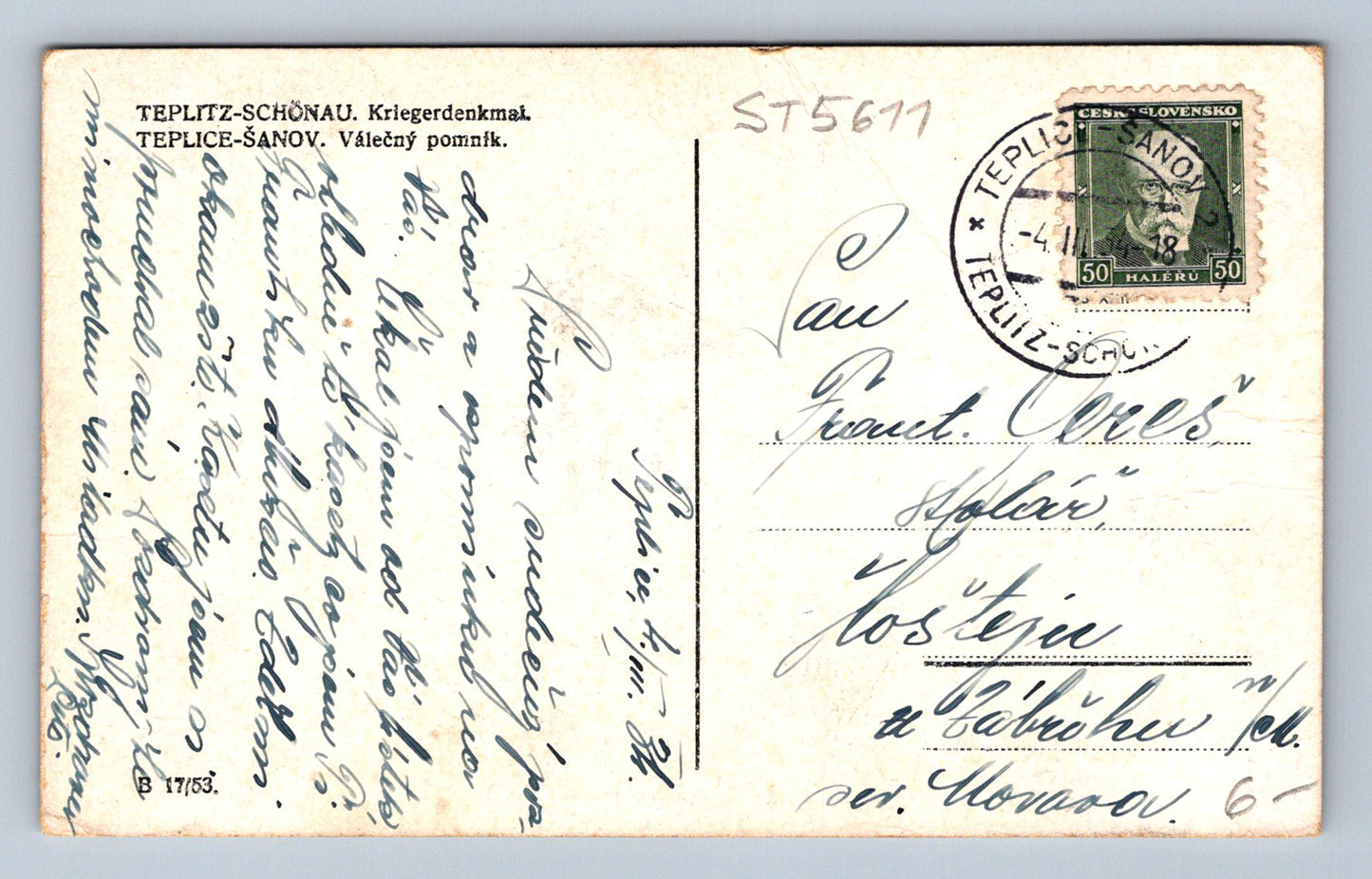 Postcard TEPLICE - ŠANOV - WAR MONUMENT (ST5611)