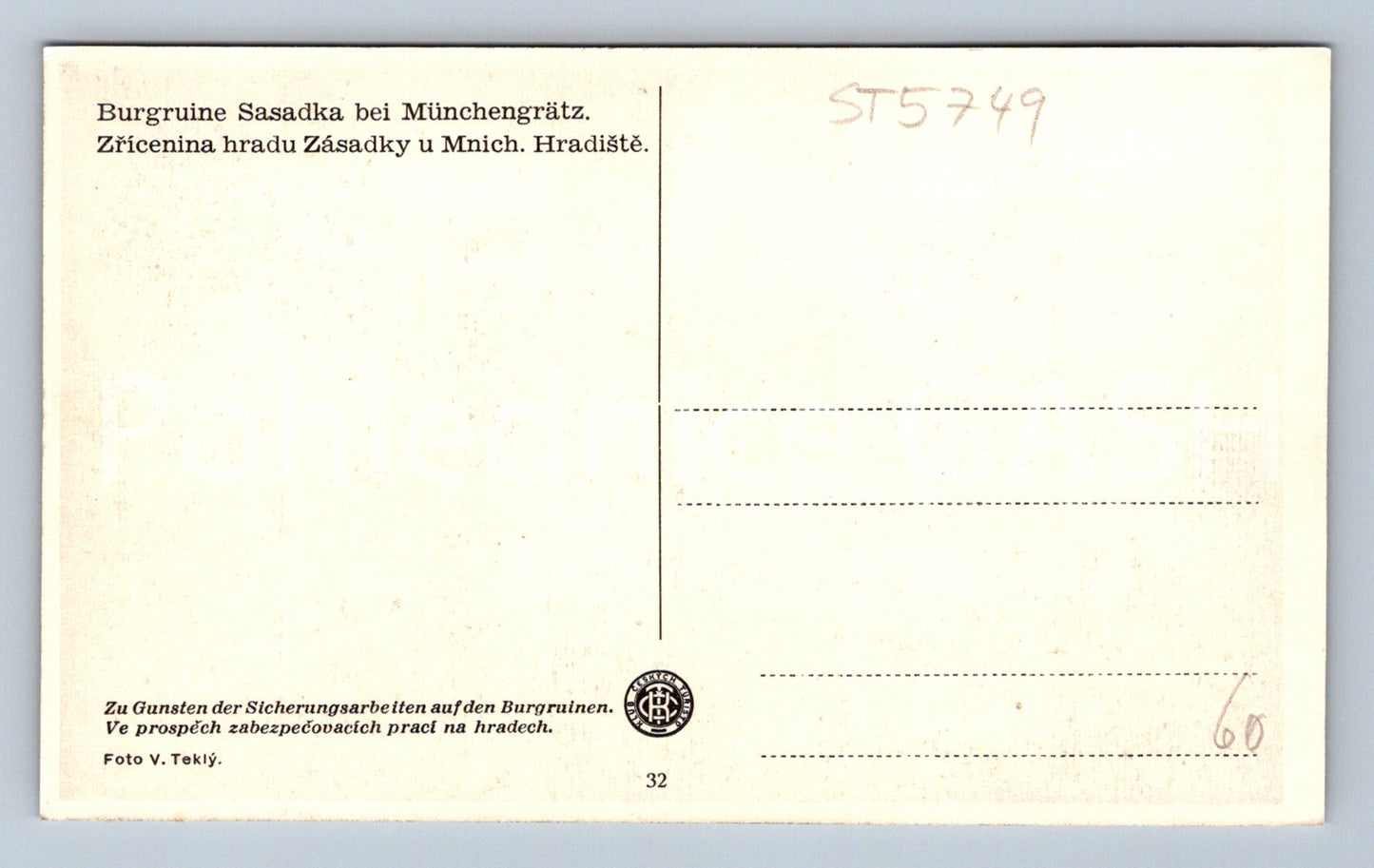 Postcard RUINS OF ZÁSADKA CASTLE NEAR MNICHOV HRADIŠTE (ST5749)