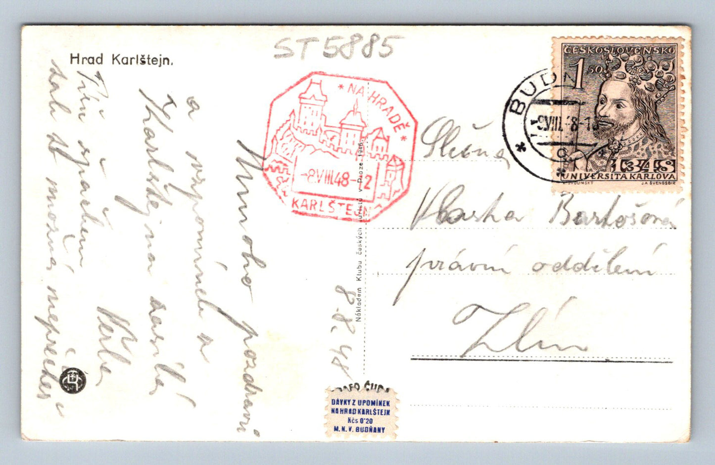 Postcard KARLŠTEJN CASTLE (ST5885)