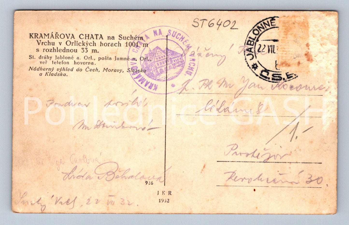 Postcard KRAMÁŘ'S COTTAGE IN THE ORLICKÉ MOUNTAINS (ST6402)