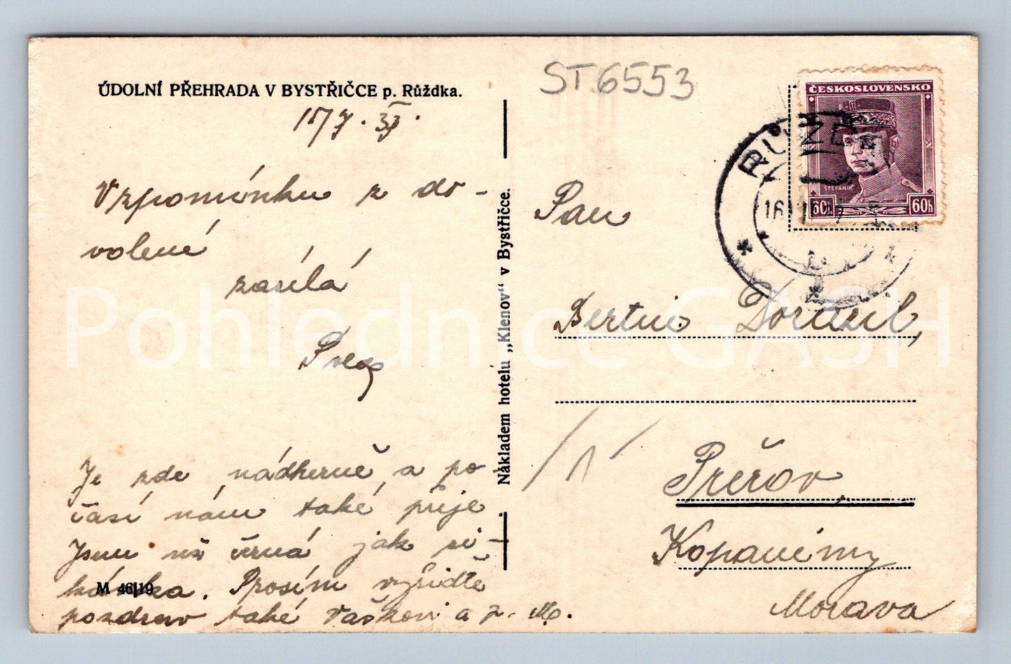 Postcard VALLEY DAM IN BYSTŘIČKA P. RŮŽĎKA (ST6553)