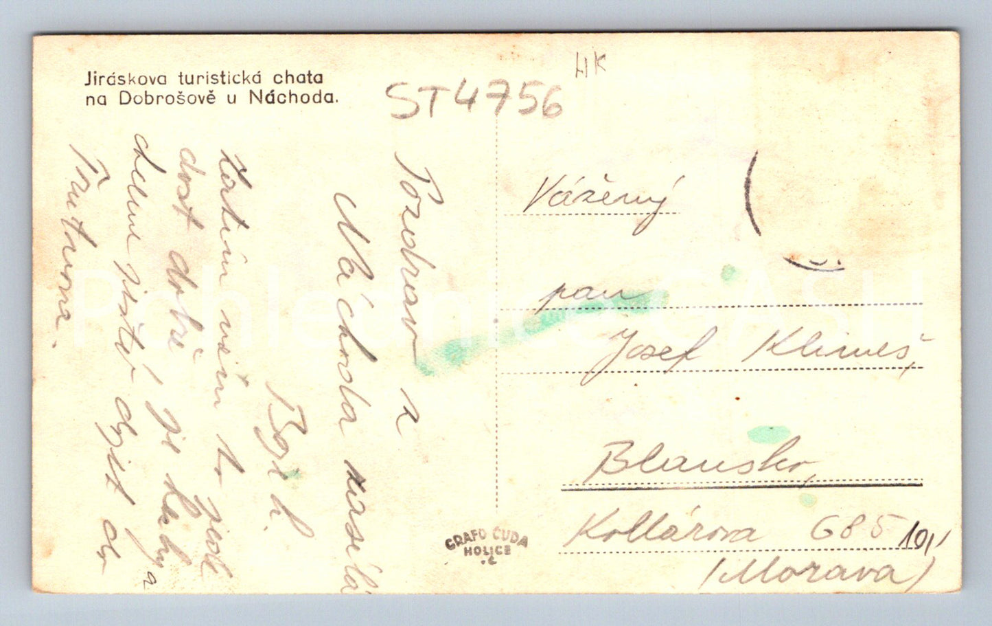 Postcard JIRÁSK'S TOURIST COTTAGE IN DOBROŠOV NEAR NÁCHOD (ST4756)