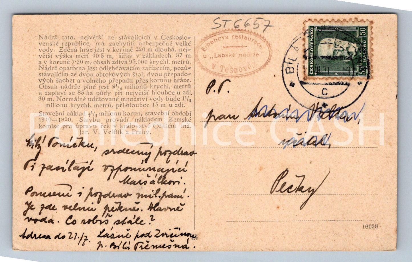 Postcard TĚŠNOV - ELBE RESERVOIR IN TĚŠNOV (ST6657)