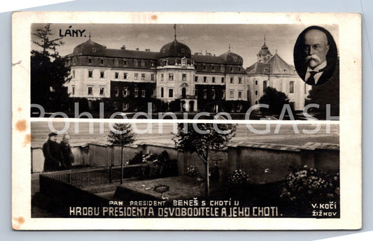 Postcard BENEŠ WITH HIS WIFE AT THE GRAVE OF THE PRESIDENT LIBERATOR (ST6747)